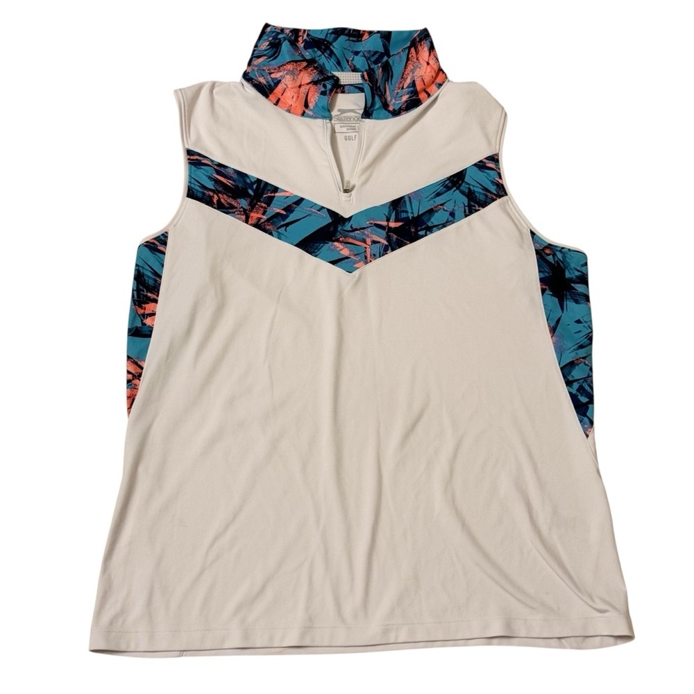 SLAZENGER White/Multicolor Collar Ladies Athletic Golf Sleeveless Polo Size  L